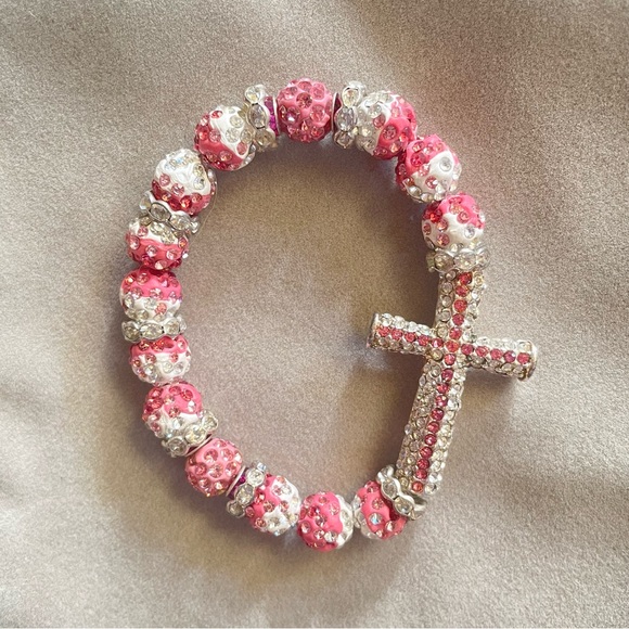 Handsome Elastic Bling Crystal Rhinestone Pink Silver Cross Bracelet Bangle - Picture 3 of 4